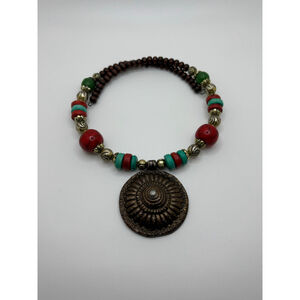 Women's Red Green Beaded Pendant Necklace